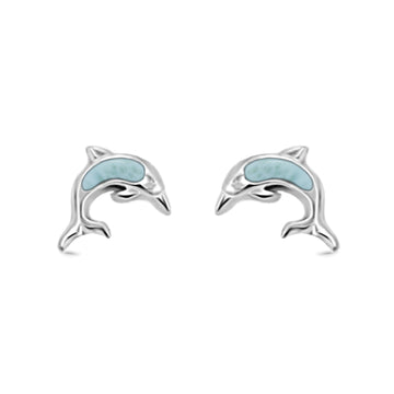 Dolphin Stud Earrings Natural Larimar 925 Sterling Silver